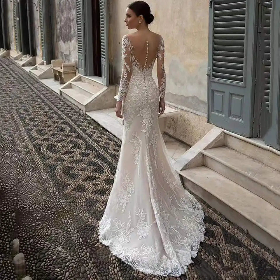 11527#100% Real Photos Mermaid Illusion V-Neck Lace Applique Long Sleeve Sweep Train Wedding Dress Wedding Gown Bridal Gown