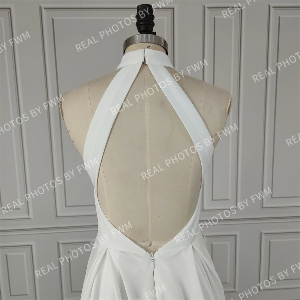 Real Photos Simple Halter Neck Backless A-line Wedding Dress Elegant High Low Satin Bride Gown for Women