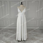Real Photos Sexy High Split Soft Satin Wedding Bridal Gown Spaghetti Straps V Neck Backless Bow Bridal Dress Evening Dress