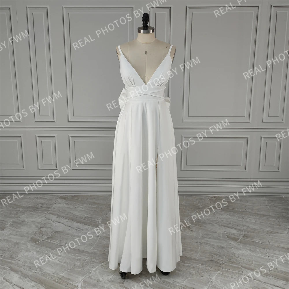 Real Photos Sexy High Split Soft Satin Wedding Bridal Gown Spaghetti Straps V Neck Backless Bow Bridal Dress Evening Dress