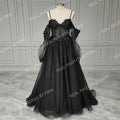 Real Photos Gothic Black Tulle A-line Spaghetti Straps Wedding Dress 3D Flower Sequined Bridal Gown Evening Dress for Women15403