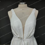 Real Photos Elegant Sleeveless V Neck Wedding Dress for Plus Size Women Simple Sweep Train Satin Bride Gown for Wedding