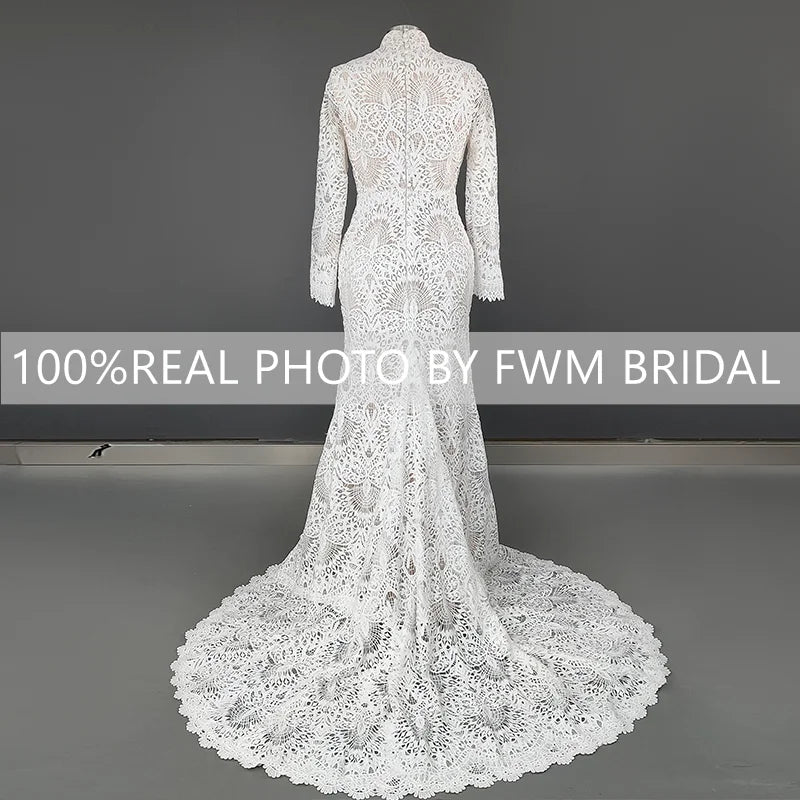 11797# Real Photos Exquisite High Neck Long Sleeves Mermaid Wedding Dress Bridal Gown for Women With Appliques Lace Bohemia