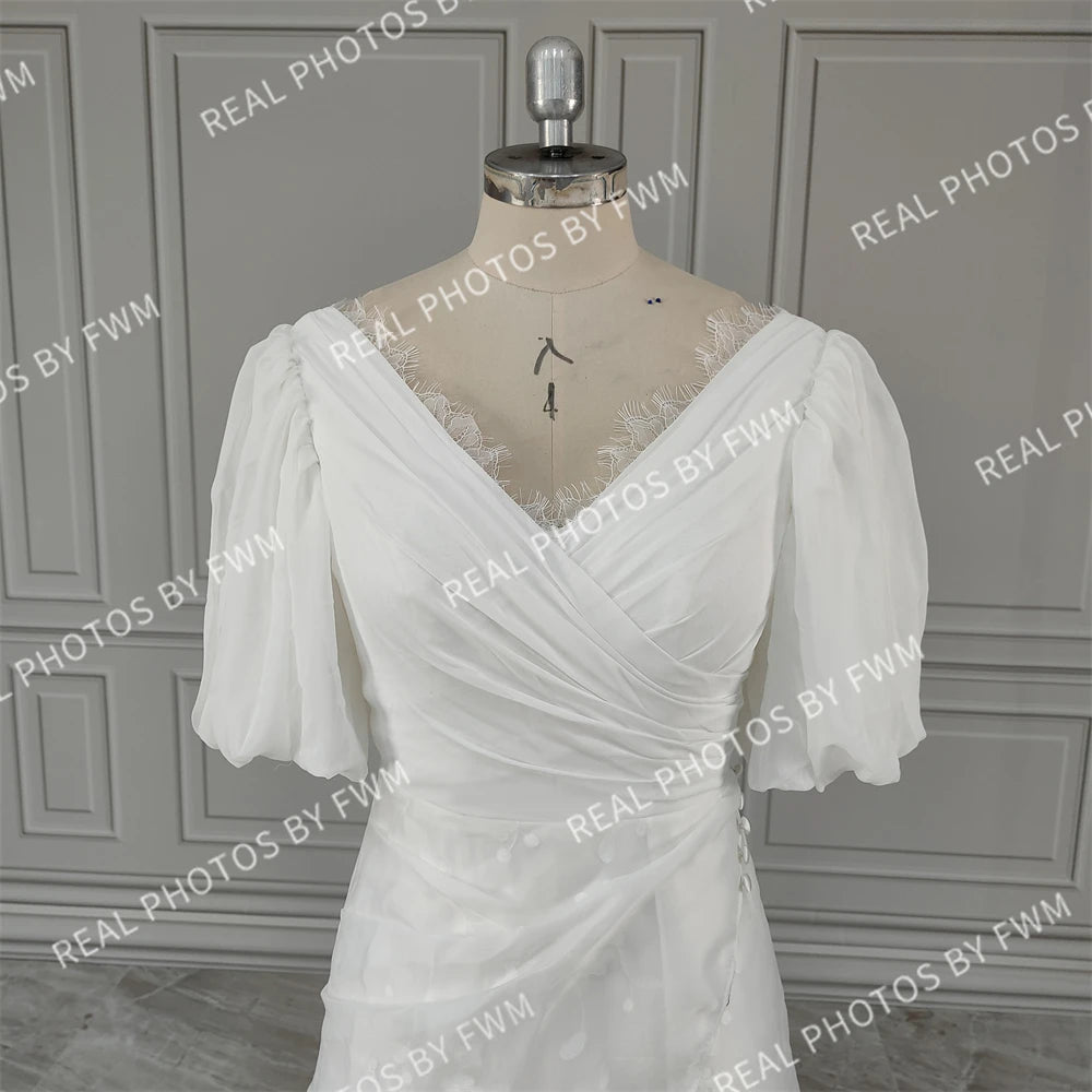 2352# Real Photo Simple V-Neck Puffy Sleeves A-line Organza Wedding Dress Backless Lace Bride Gown for Women Evening Dress