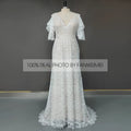 Real Photos Boho V-Neck Short Sleeves Appliques Lace Wedding Dress Sweep Train Beach Woman Bridal Gown for Wedding