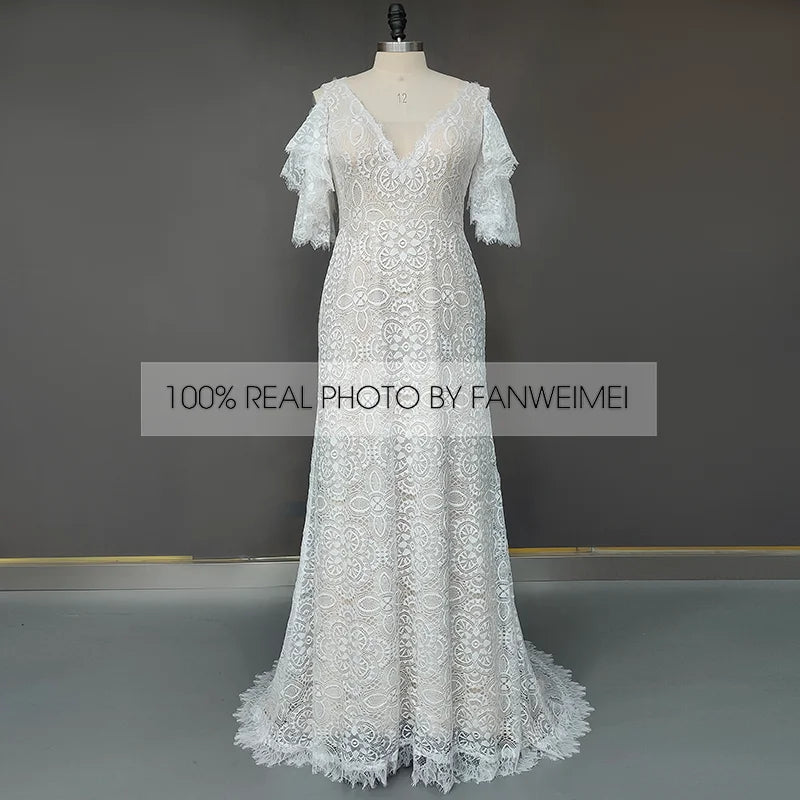Real Photos Boho V-Neck Short Sleeves Appliques Lace Wedding Dress Sweep Train Beach Woman Bridal Gown for Wedding