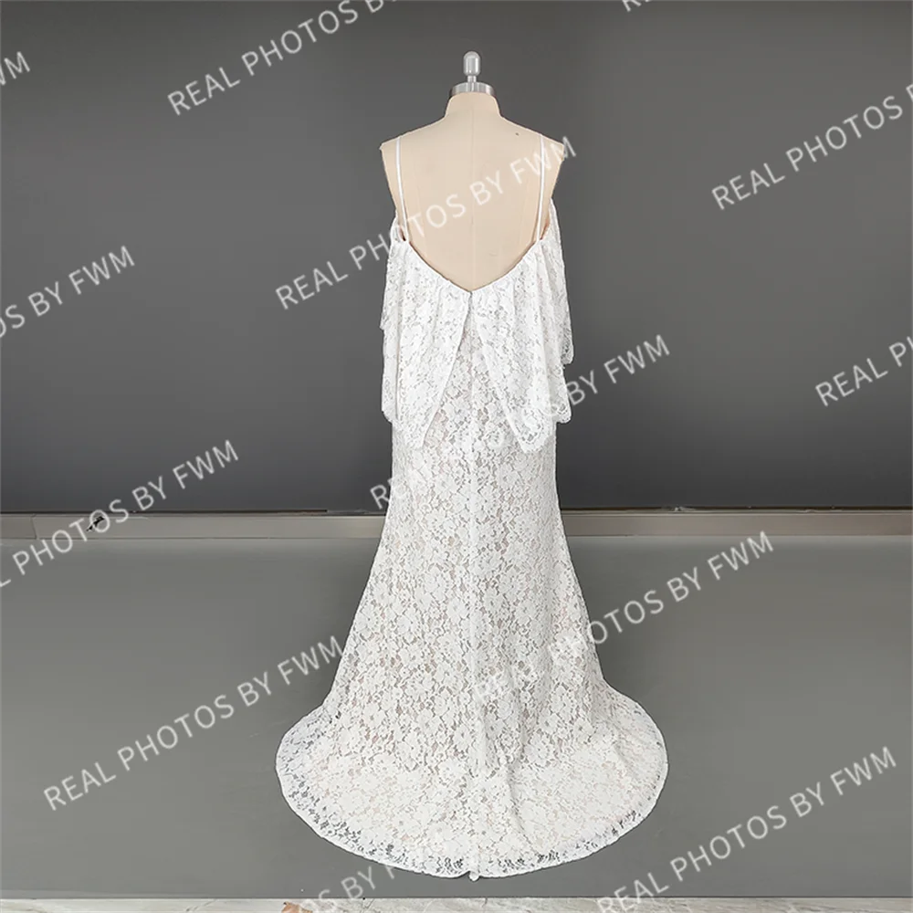 100% Real Photos Simple Off Shoulder Backless Flare Sleeve Lace Beach Wedding Dress for Woman Boho Bridal Gown for Wedding