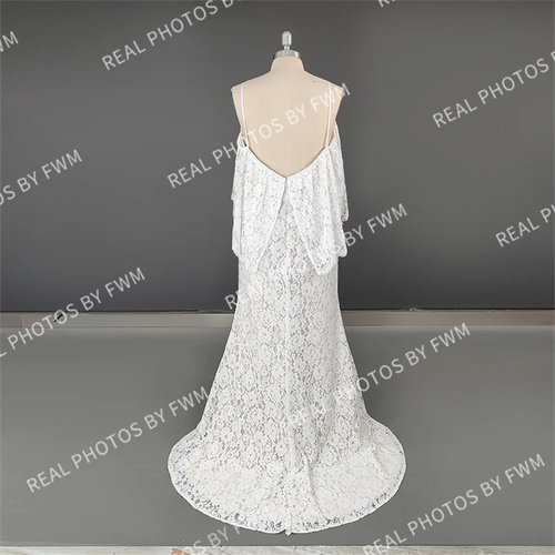 100% Real Photos Simple Off Shoulder Backless Flare Sleeve Lace Beach Wedding Dress for Woman Boho Bridal Gown for Wedding