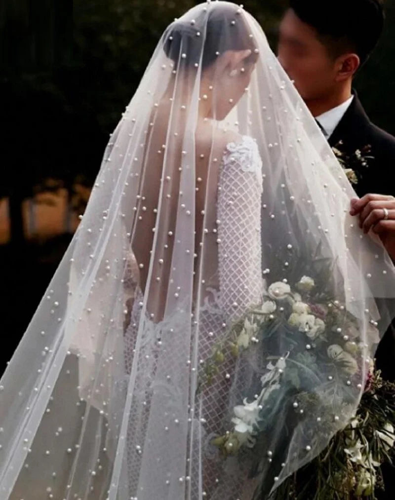 V117#Beautiful Bride Elegant Vintage Pearl Veil Hair Ornaments Wedding Veil Travel Photography Studio Web Celebrity