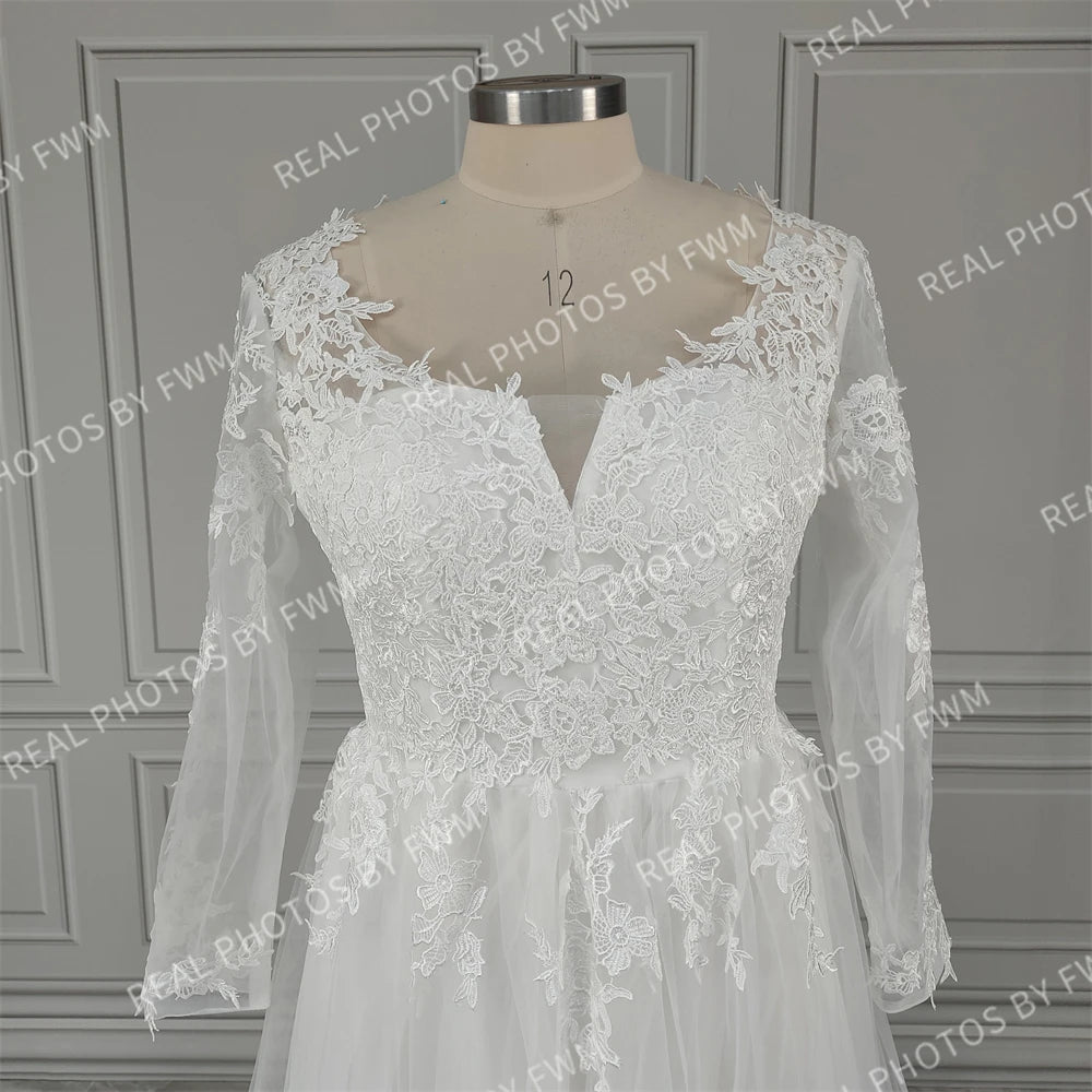 100% Real Photos Boho Boat Neck Long Sleeves Appliques Lace A-line Sweep Train Wedding Dress Illusion Back Bride Gown for Women