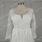 100% Real Photos Boho Boat Neck Long Sleeves Appliques Lace A-line Sweep Train Wedding Dress Illusion Back Bride Gown for Women