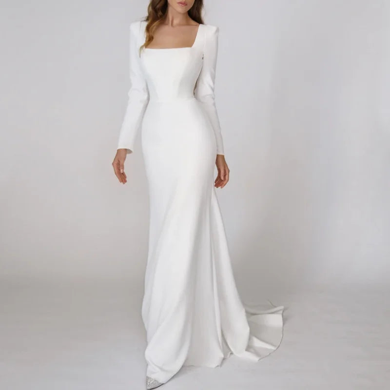 Real Photos Elegant Long Sleeves Square Collar Soft Satin Wedding Gown Engagement Dress for Plus Size Women Prom Evening Dresses
