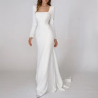 Real Photos Elegant Long Sleeves Square Collar Soft Satin Wedding Gown Engagement Dress for Plus Size Women Prom Evening Dresses