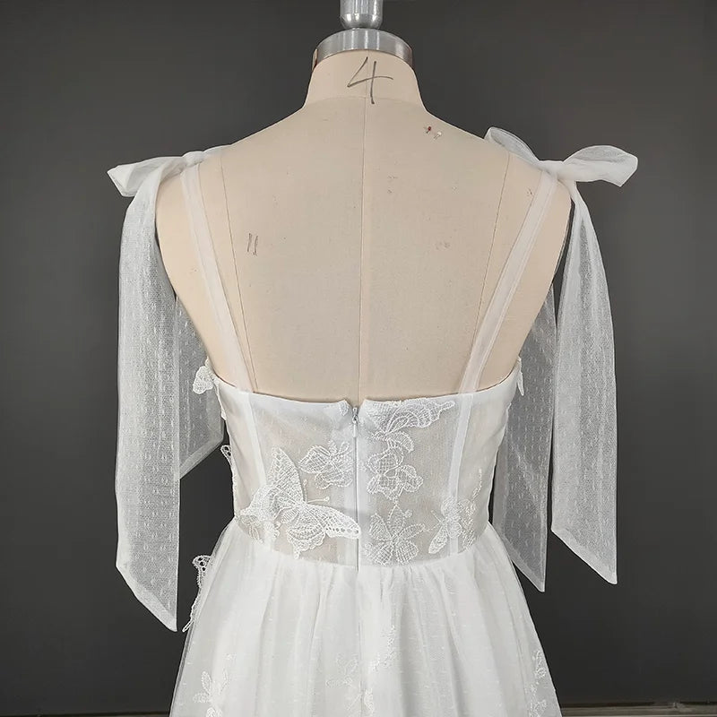 8754# Elegant Spaghetti Straps A-line Wedding Dress Bow Ribbons Butterfly Print Lace Causal Plus Size Womens Dresses Real Photos