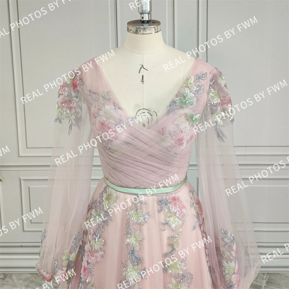 Real Photos High Quality Long Sleeves Sequined Embroidery Flowers Lace Evening Dress for Women Engagement Party Gown