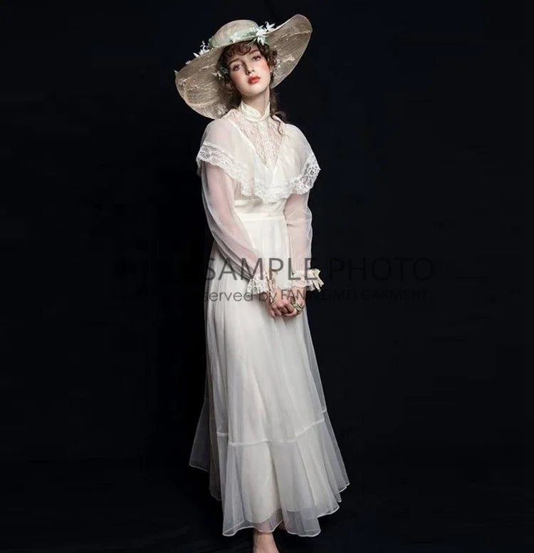 #3006  Real Photos Victorian Vintage Simple Long Sleeve Ankle Length Elegant Outdoor Photography Bridal Gowns Wedding Dress