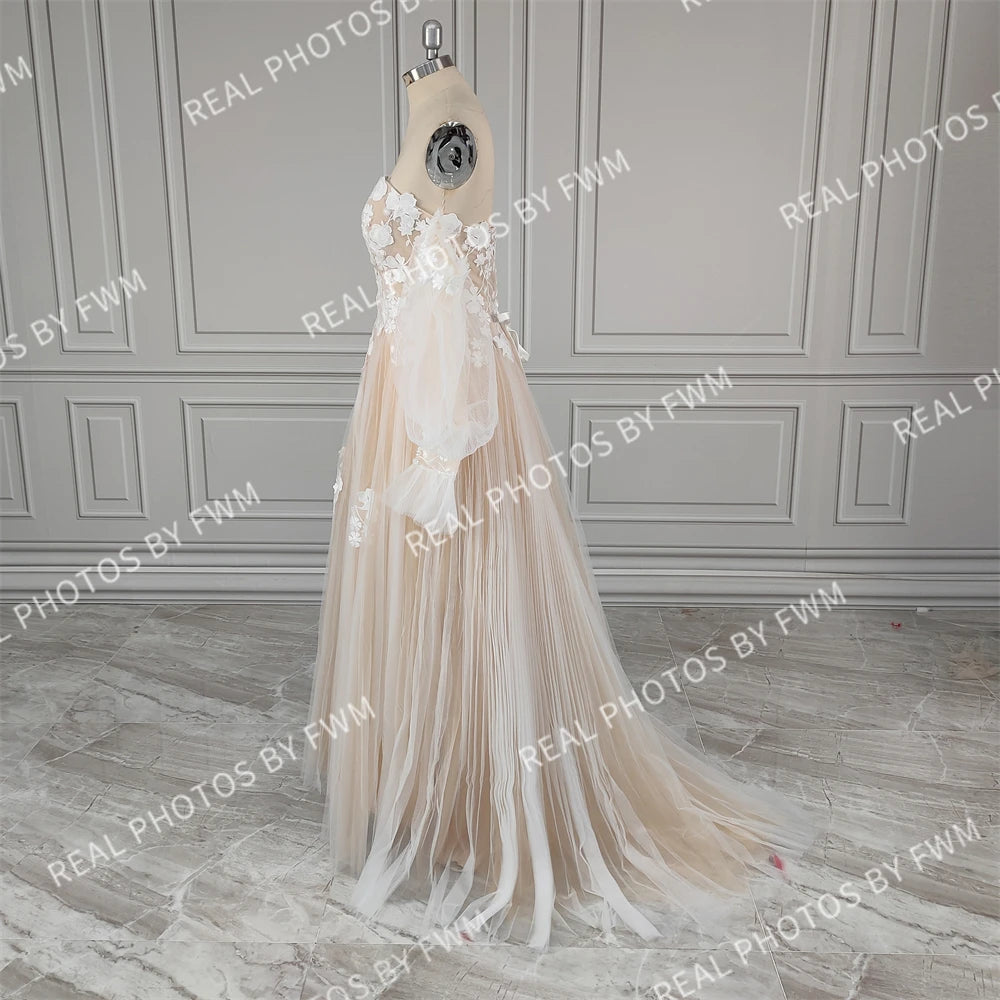 #2220 Real Photos Boho Detachable Puffy Sleeves Appliques Lace Strapless Wedding Dress for Women Pleated Tulle  Bridal Gown