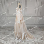 #2220 Real Photos Boho Detachable Puffy Sleeves Appliques Lace Strapless Wedding Dress for Women Pleated Tulle  Bridal Gown
