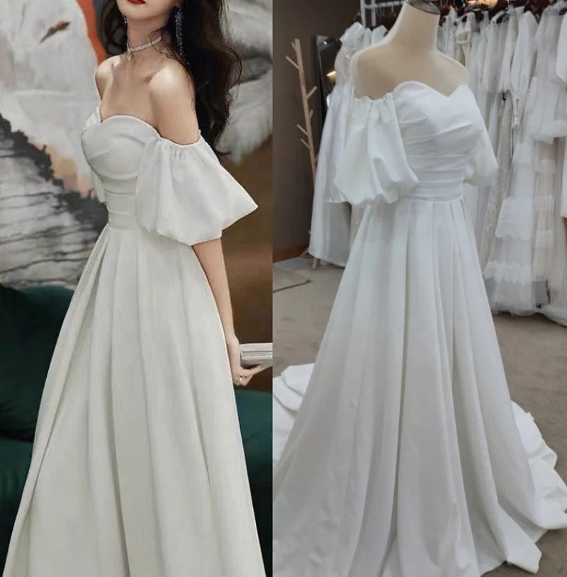 #3150  Real Photos Special Design Sweetheart Puff  Sleeve Lace-up Satin Soft Ivory Strapless Bridal Gown Wedding Dress