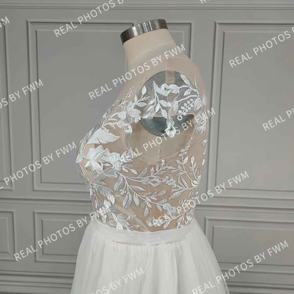 Real Photos High Quality Boat Neck Cap Sleeve Split Appliques Lace Wedding Dress Elegant Tulle A-line Bridal Gown for Women