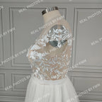 Real Photos High Quality Boat Neck Cap Sleeve Split Appliques Lace Wedding Dress Elegant Tulle A-line Bridal Gown for Women