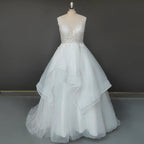 Real Photos Elegant Spaghetti Straps V-Neck Applique Lace Ball Gown for Wedding Ruffles Tulle  Women Wedding Dress Bridal Gown