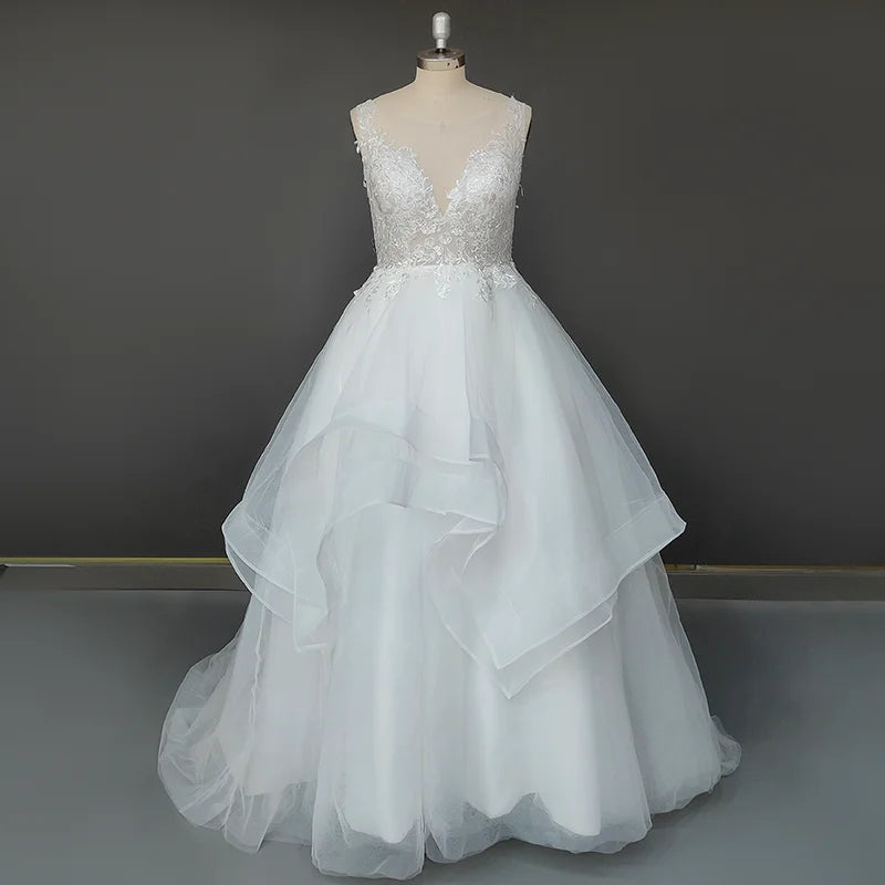 Real Photos Elegant Spaghetti Straps V-Neck Applique Lace Ball Gown for Wedding Ruffles Tulle  Women Wedding Dress Bridal Gown