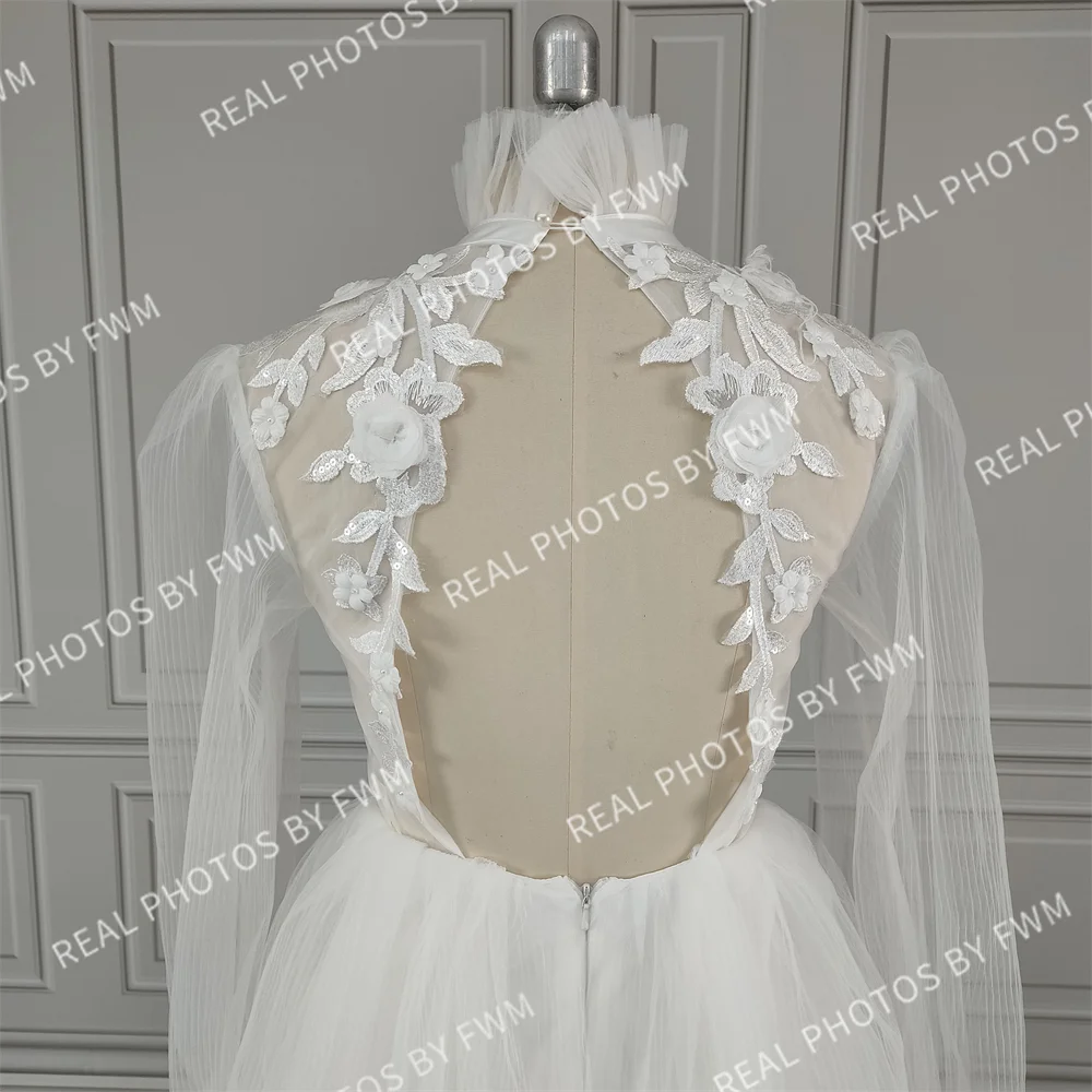 10707# Real Photos High Neck Sexy Long Sleeve A-Line Mini Tulle Boho Open Back Lace Applique Wedding Dress Wedding Bridal Gown