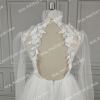 10707# Real Photos High Neck Sexy Long Sleeve A-Line Mini Tulle Boho Open Back Lace Applique Wedding Dress Wedding Bridal Gown
