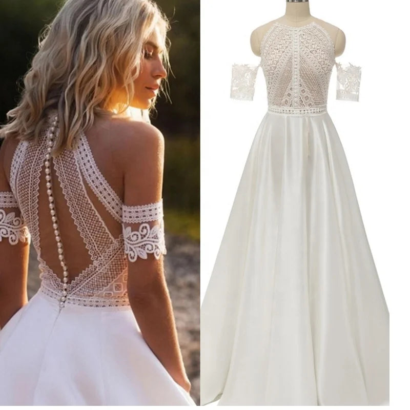 #1305 Real Photos Bohemian VINTAGE BOHO A-Line Wedding Dresses Lace Satin Detachable Sleeve Wedding Dress Bridal Gowns Beach
