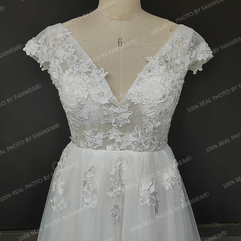 Real Photos Cap Sleeves 3D Flowers Appliques Lace A-line Wedding Dress Sweep Train V-Neck Bride Gown Bridal Dress for Women