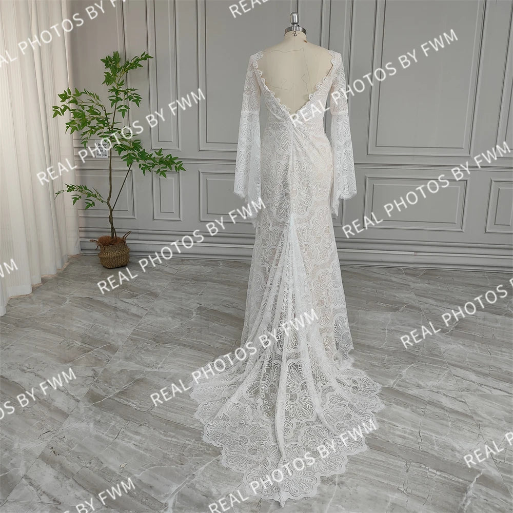 Real Photos High Quality Boho Flare Sleeves Lace Wedding Dress for Bride Woman Open Back Bridal Gown With Train  Wedding Gown