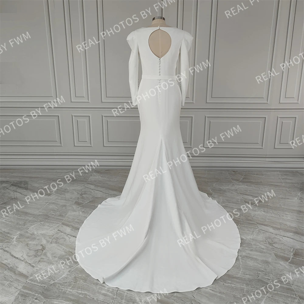 Real Photos High Quality Full Sleeves Square Collar Mermaid Satin Wedding Dress With Belt Sweep Train Bride Gown for Women