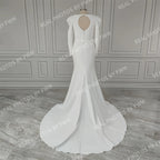Real Photos High Quality Full Sleeves Square Collar Mermaid Satin Wedding Dress With Belt Sweep Train Bride Gown for Women