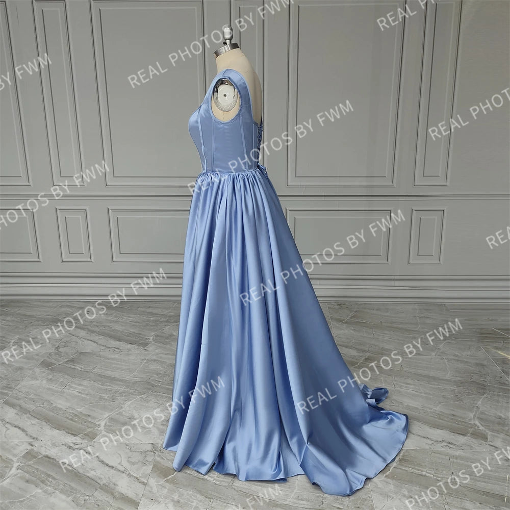 14579# Real Photos Square Collar High Side Slit A-line Corset Satin Evening Dress Women Formal Prom Gown for Party