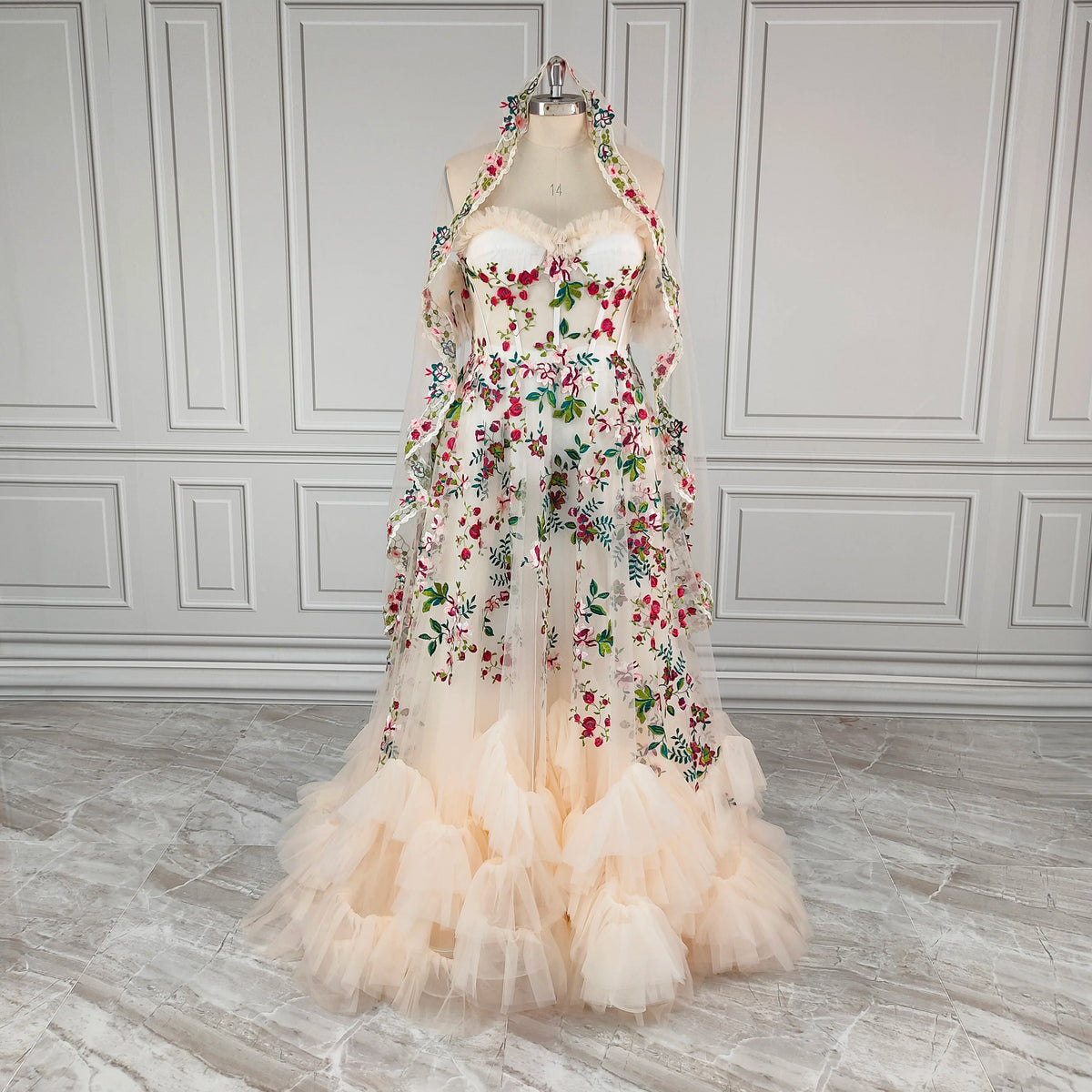 Real Photos Unique Off Shoulder Flower Appliques Lace Ruffles Tulle A-line Wedding Dress With Veil Bride Gown for Women 12970