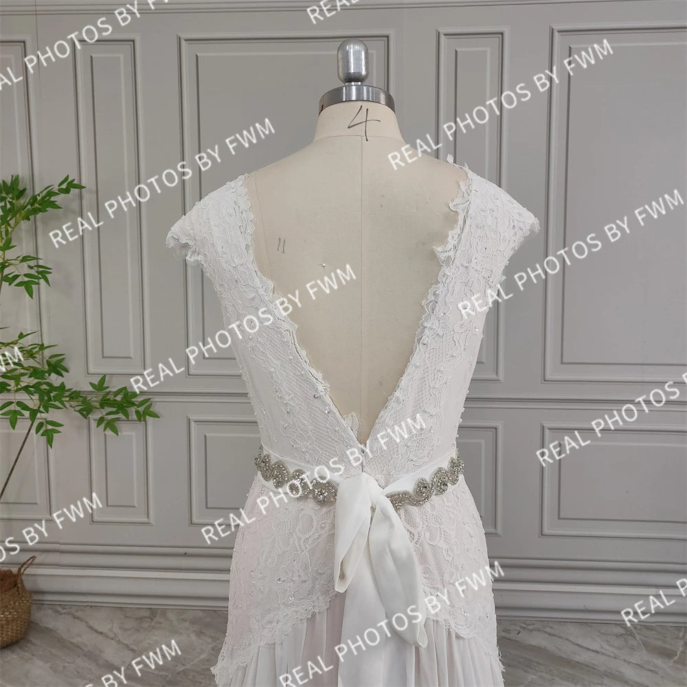 Real Photos High Quality Cap Sleeves V-Neck Chiffon Wedding Dress Elegant Appliques Lace Bridal Gown With Crystal Belt