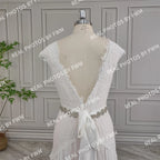 Real Photos High Quality Cap Sleeves V-Neck Chiffon Wedding Dress Elegant Appliques Lace Bridal Gown With Crystal Belt