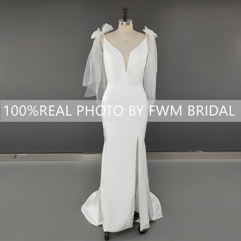 8726#  Real Photos Simple Bow Spaghetti Straps Slit Mermaid V-neck Sweep Train Wedding Dress Wedding Gown Bridal Gown