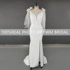 8726#  Real Photos Simple Bow Spaghetti Straps Slit Mermaid V-neck Sweep Train Wedding Dress Wedding Gown Bridal Gown