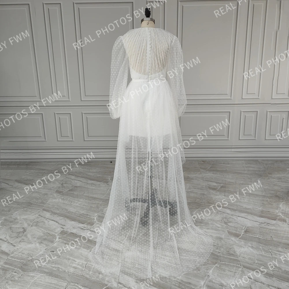 Real Photos Summer Polka Dot Tulle Mini Wedding Dress Long Train Bridal Gown Ruffles Evening Party Dress With Puffy Sleeves15398