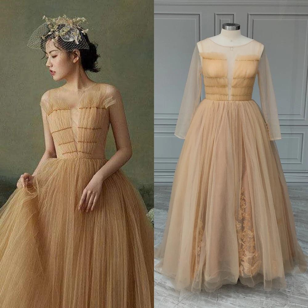 #3113 REAL PHOTOS O-Neck Elegant Champagne Sleeveless Puffy A-Line Bride Gown Wedding Dress for Women Evening Dress Party Dress