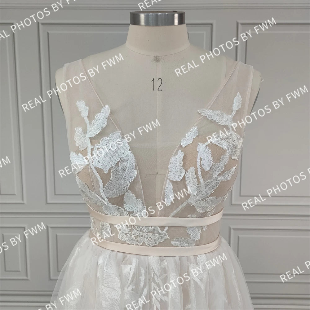 Real Photos High Quality V-Neck Tulle A-line Wedding Dress Elegant Women Appliques Lace Low Back Bride Gown  Bridal Dress