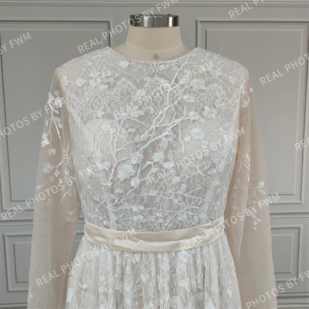 11589# Real Photos Bohemian O-Neck Floor Length A-Line Long Sleeve Flowers Applique Lace Wedding Dress Bridal Gown for Women
