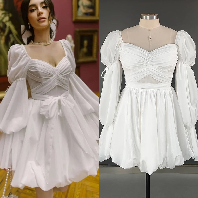 11917# Real Photos Flare Sleeves Gorgeous Boho Chiffon V-Neck Open Back Mini Above Knee Wedding Dress Wedding Bridal Gown