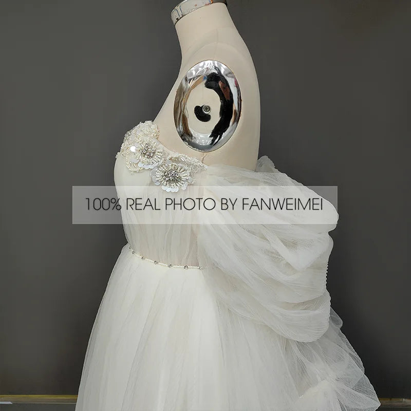 Real Photos Puffy Sleeves Sweetheart Backless A-Line Beading Lace Wedding Dress Sweep Train Tulle Bridal Gown for Wedding