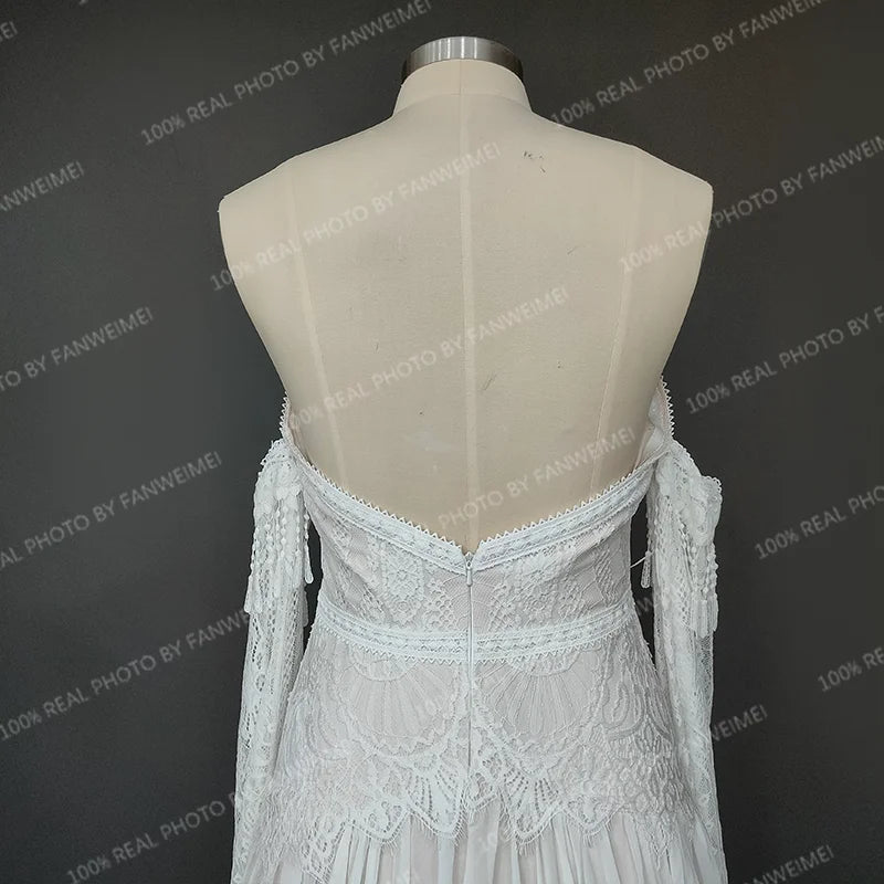 Real Photos Bohemian Low Back Lace Flare Sleeves Sweetheart Strapless Tassel Chiffon Wedding Dress Bridal Gown for Wedding