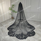 Real Photos High Quality One Layer Black Appliques Sequined Lace Bridal Veil 300CM Long Wedding Veil Accessories for Wedding