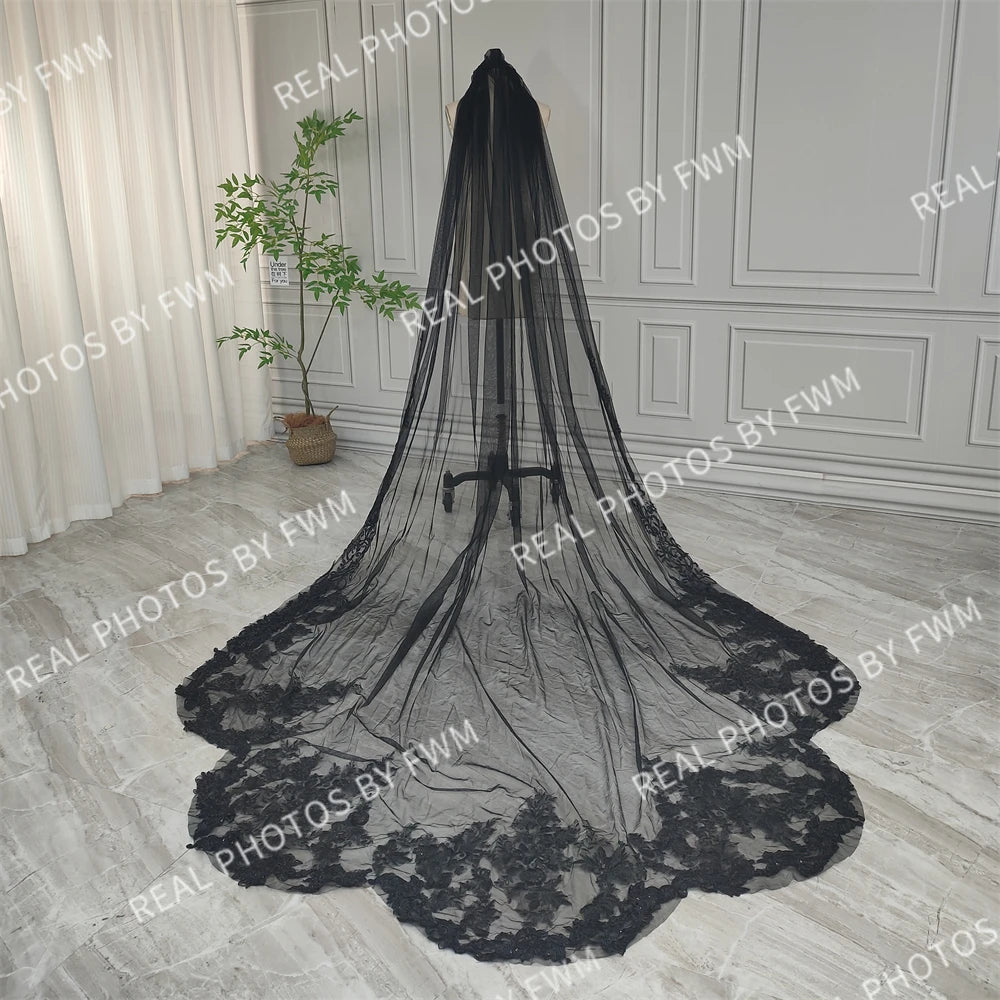 Real Photos High Quality One Layer Black Appliques Sequined Lace Bridal Veil 300CM Long Wedding Veil Accessories for Wedding
