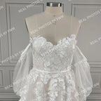 Real Photos Dream Off Shoulder Appliques Sequined Lace A-line Wedding Dress Glittery Tulle Sweep Train Bride Gown for Women